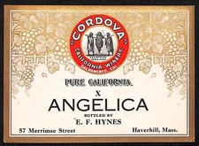 "Pure California Angelica" E.F. Hynes Haverhill, MA Original Alcohol Label w/ Gi