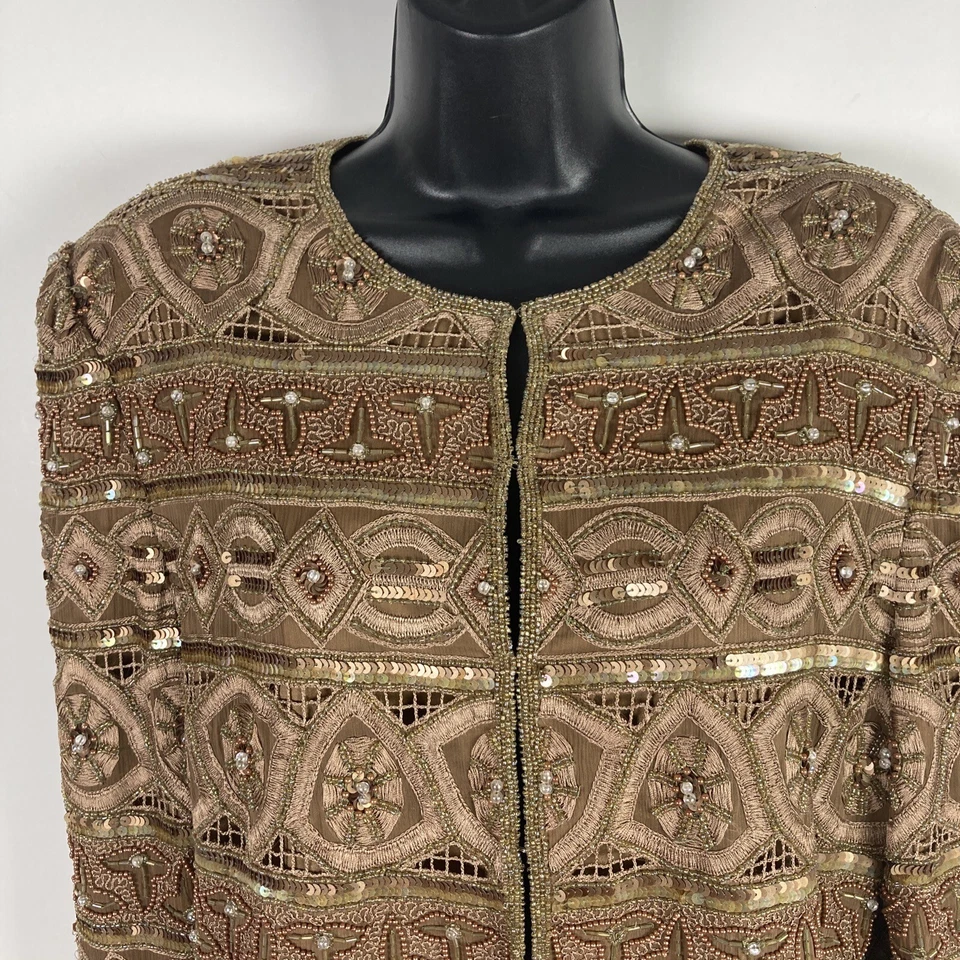 Chaqueta De Colección Scala Oro Rosa Cuentas Crochet L Fiesta Vacaciones Cóctel Formal Foto 3 de 4