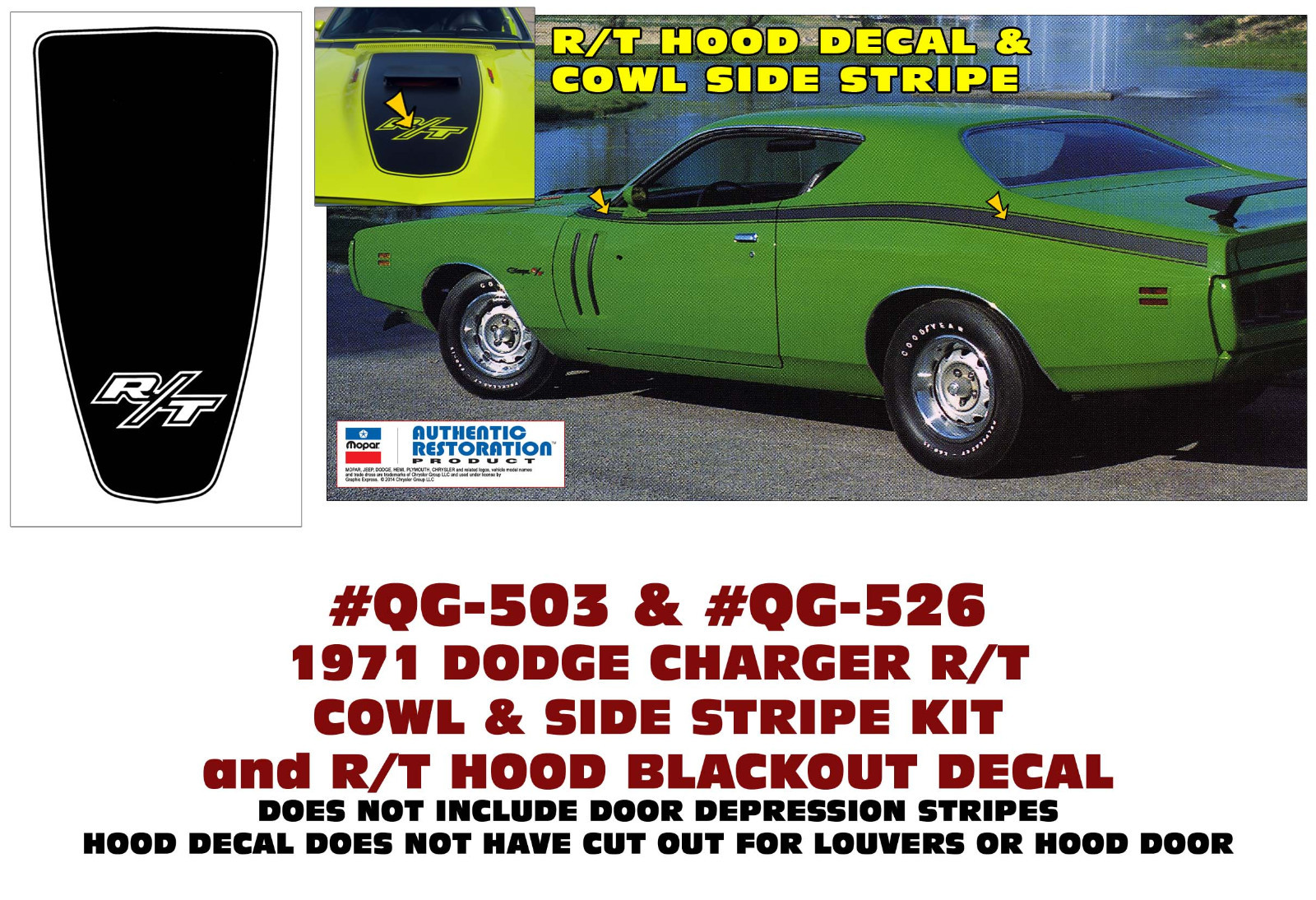 QG-503 & QG-526 1971 DODGE CHARGER - HOOD COWL SIDE STRIPES and R/T ...