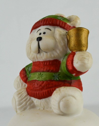 HOUSE LLOYD Snow Teddy Bear on Ceramic Ringing Bell White Holly Table Decoration - Picture 5 of 9