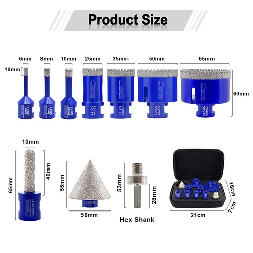 Juego de brocas de perforación de núcleo de diamante cortador de agujeros para azulejos de porcelana mármol 10 piezas/kit - Imagen 8 de 15