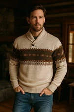 Blue Inc XL Shawl Collar Sweater British Inspired Fair Isle Knit Beige Brown