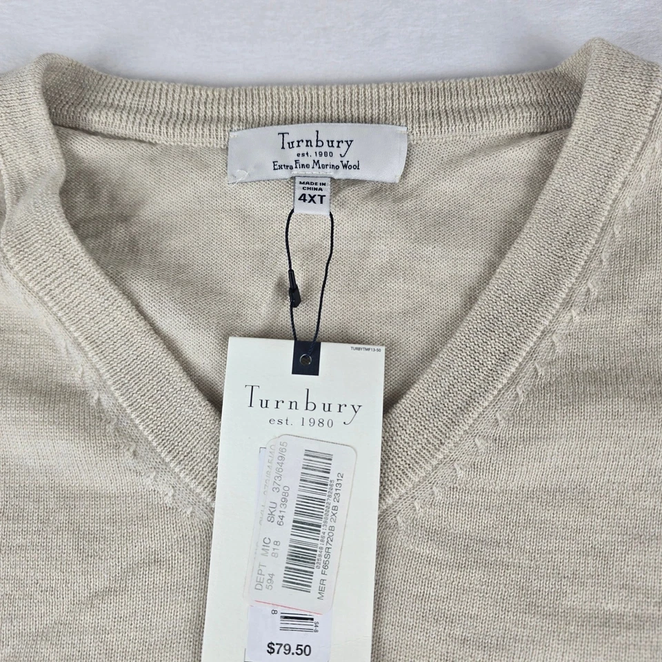 Мужской свитер Turnbury 4XT бежевый с V-образным вырезом с длинным рукавом 100% экстра тонкая шерсть мериноса - Изображение 3 из 4
