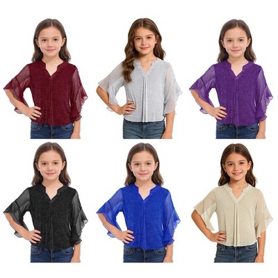 Girls Shirt V Neck Blouse Pageant Top Sparkly Flared Sleeve Cute Casual Tee