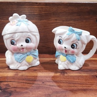 Glazed Ceramic White Puppy Creamer & Lidded Sugar Bowl