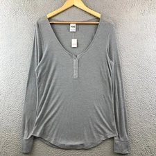 New PINK Victoria's Secret Long Sleeve Button Henley Ribbed Top Gray Large