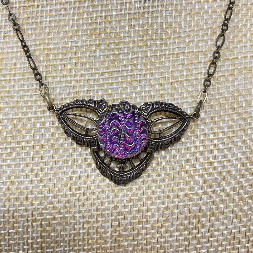 Vintage Art Deco Nouveau Pendant Necklace Foil Back Lucite Cabochon Brass Chain - Изображение 4 из 4