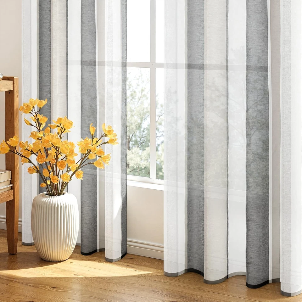 MRTREES Rideau sur Rail Rideau à Rayures en Voile Semi Transparent 140X225cm Lot - Photo 3/4