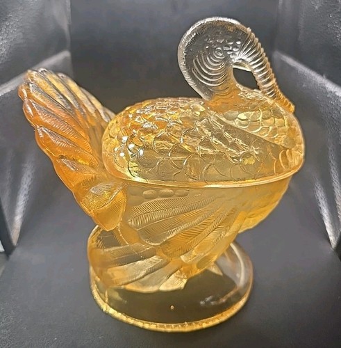 Bernsteingelb Glas Truthahn bedeckt Süßigkeiten Schale schwer 8”x6” geblitzte Farbe wie abgebildet