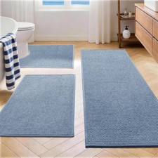 3 PCS Navy Blue Bathroom Rug Set Thin Bath Mat Toilet Rug Non Slip Washable