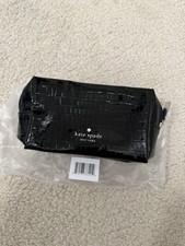 KATE SPADE BLACK CROC-EMBOSSED PATENT SMALL POUCH COSMETIC BAG-NEW