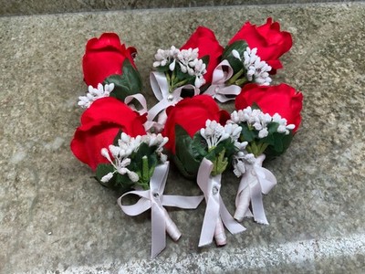 Set of 6 Boutonniere Red Rose Groom Groomsmen Wedding Ceremony