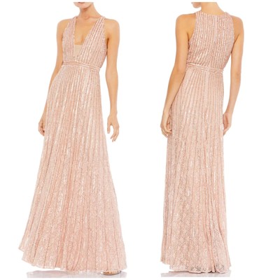 Mac Duggal NWT Sequined Sleeveless Plunge Neck Flowy Gown Rose Gold Size 16  | eBay
