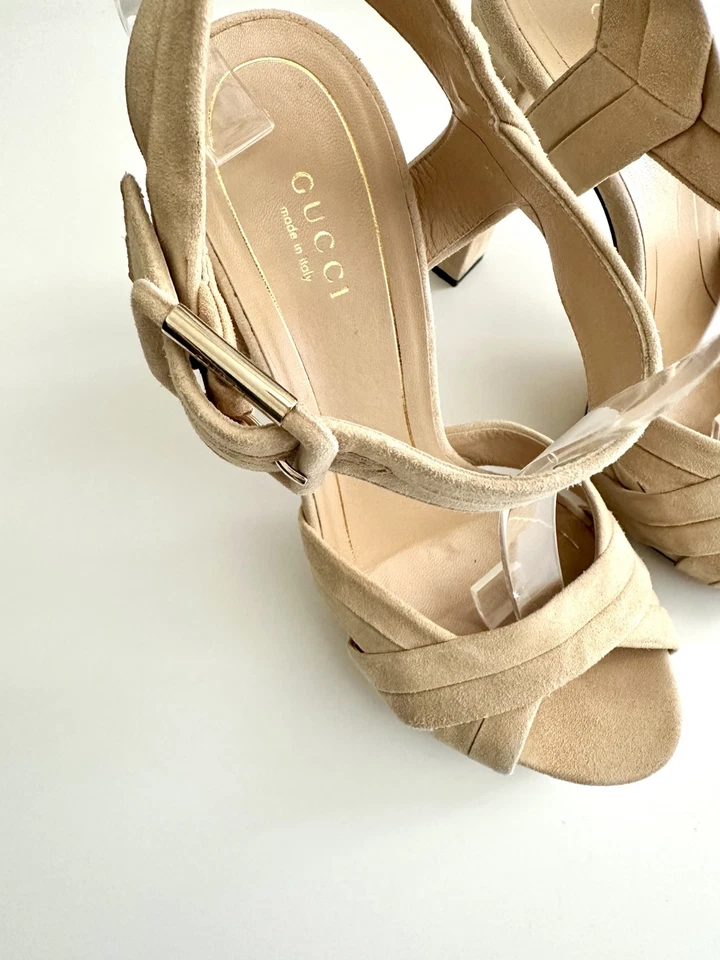 GUCCI Nude Suede Ankle Strap Chunky Heel Platform Sandals Size 38 (US 8) - Image 4 of 4