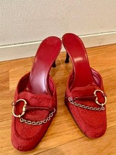 GUCCI Authentic GG Pattern Chain Mule Sandals Red Women's US6.5 23.5cm Heel 8cm
