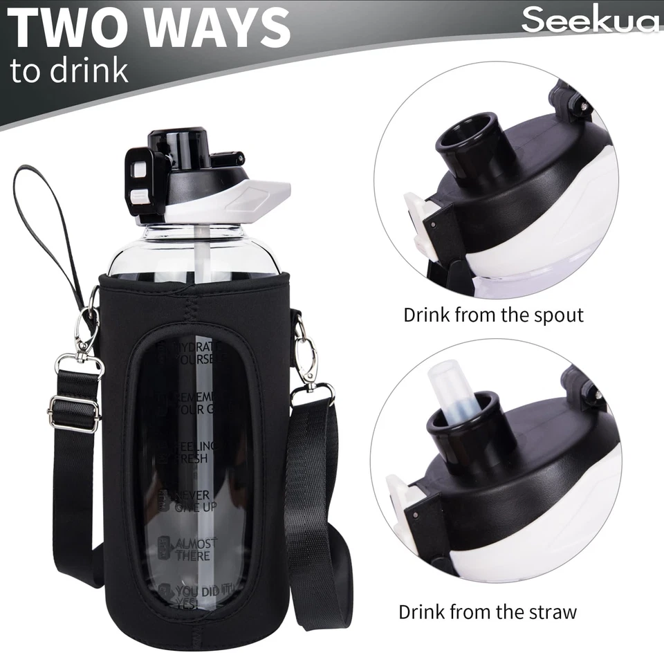 Botella de agua grande de vidrio deportivo de 48 oz con pajita y marcador de tiempo, sin BPA Foto 4 de 4