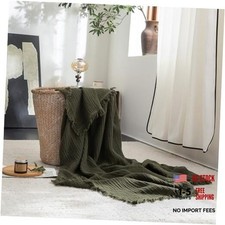 Muslin Blanket with Fringe - 4-Layer 100 Throw XL 50"  70" Olive Green