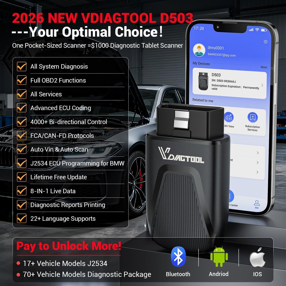 2026 D503 OBD2 Scanner Car Diagnostic Tool J2534 Programming ECU