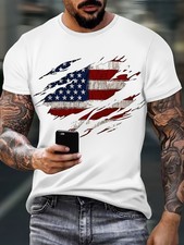 Digital Print T-Shirt with The American Flag, Round Neck, Breathable