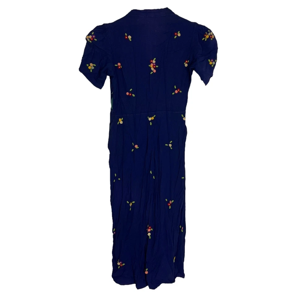 Vestido Floral Vintage Años 60 Azul Marino Con Cuentas DEFECTUOSO Manga Abullonada Boho Mod XS Foto 2 de 4