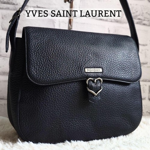 YVES SAINT LAURENT Shoulder Bag Heart Leather Black Vintage Authentic From Japan