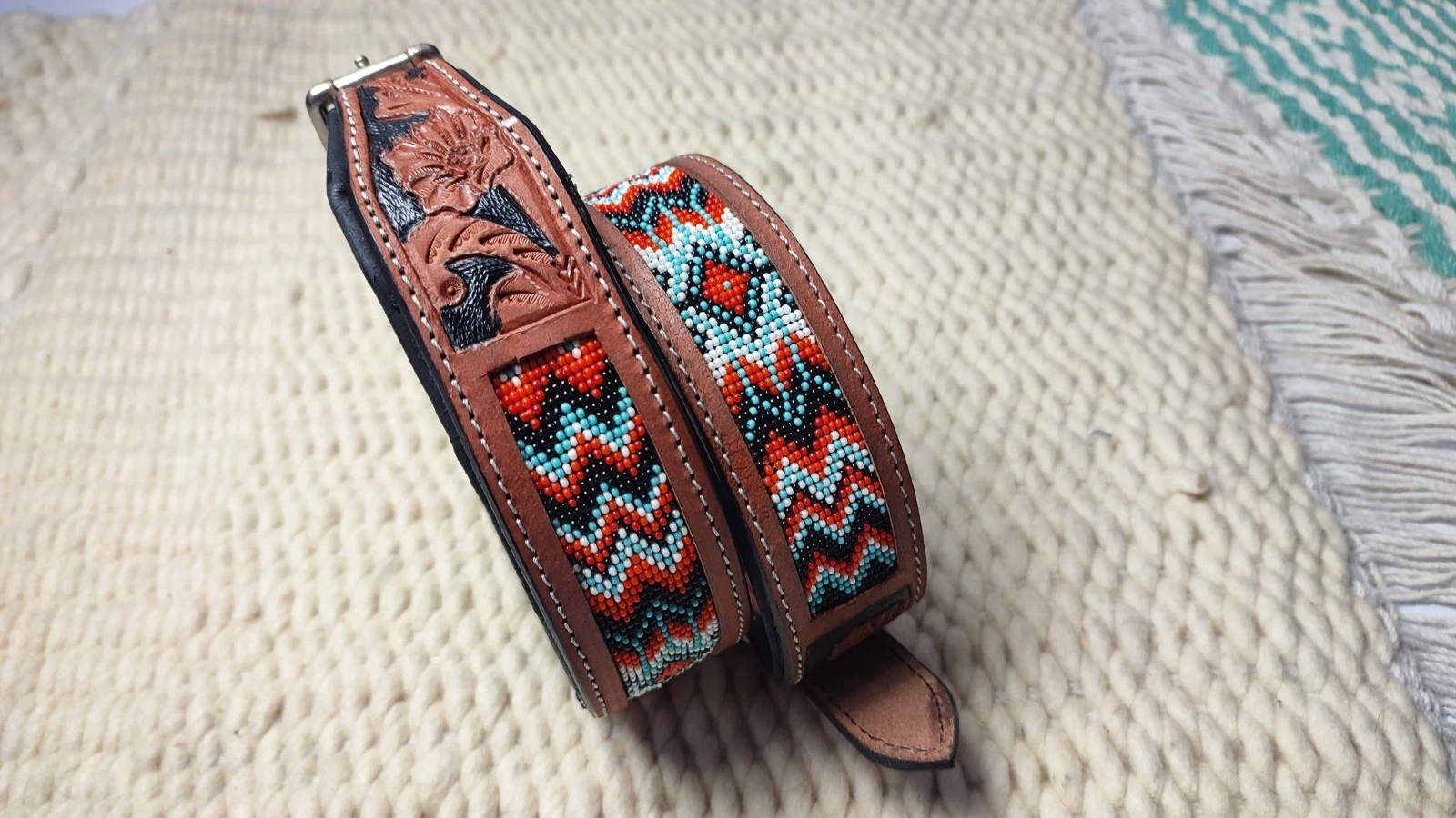 KA Handmade Genuine Leather Beaded Dog Collar Pet Collar