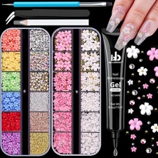 2 Boxes 3D Flower Nail Charms Manicure Gems with Rhinestone Glue Gel