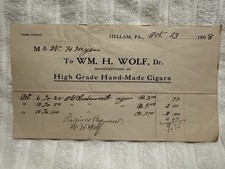 Hellam, PA - Wm. H. Wolf, Dr. - Manufacturer Of Hand Made Cigars Billhead 1908