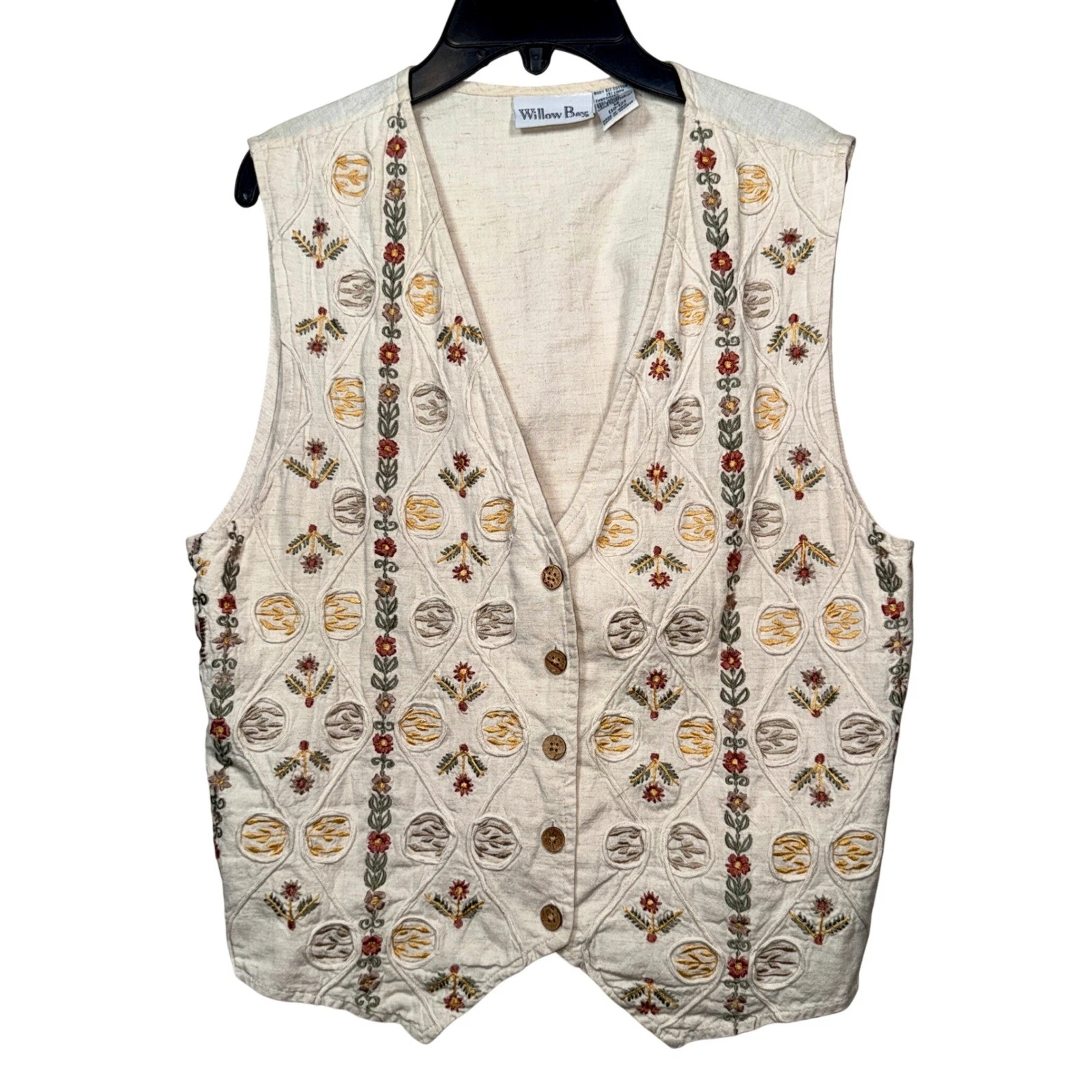 Willow Bay Womens Medium Cream Floral Embroidered Linen Blend Button Front Vest