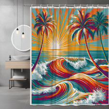 Tropical Palm Tree Ocean Wave Shower Curtain Sunset Print