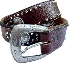 VTG 1990s leather concho belt with studs  silver buckle western rodeo Sz 34