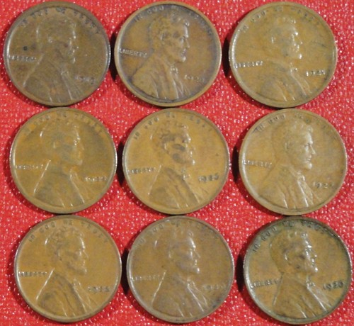 1919,20,21,25,26,27,28,29,30 Lincoln Wheat Cents Decent F+ to EF coins ...