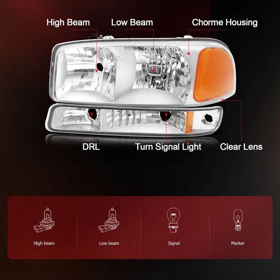 Headlights Assembly For 1999-2007 GMC Sierra Yukon XL 1500 Chrome Housing Pair - Image 3 of 4