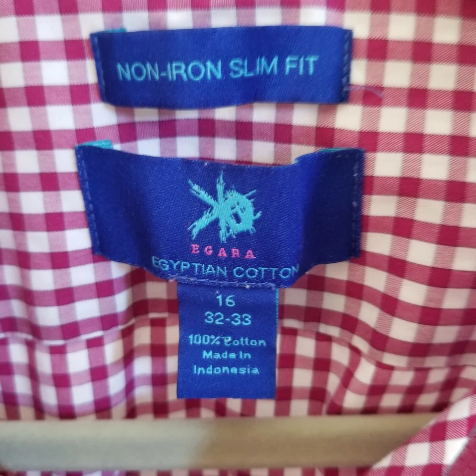 Egara Shirt 16 32-33 Non Iron Slim Fit Egyptian Cotton Burgundy Check Shirt EUC - Image 2 of 3