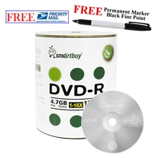 100 Smartbuy DVD-R 16X 4.7GB Logo Top Blank Media Disc + Black Permanent Marker