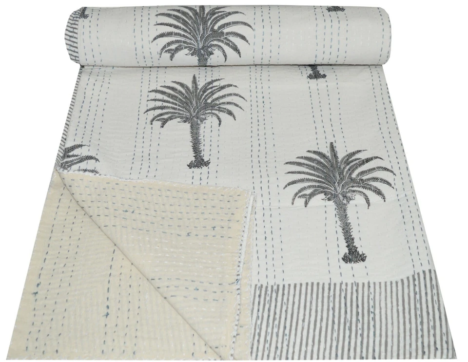 Colcha manta edredón Kantha de algodón reina palmera hecha a mano india  Foto 4 de 4