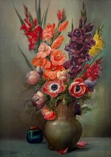 Gladioli, Lovely Vintage 1937 W.E. Powell Floral Still Life 12x16 Fine Art Print