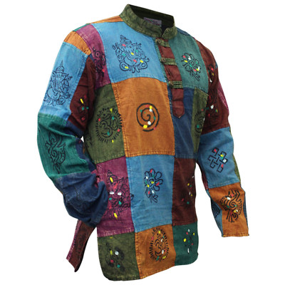 Men Long Sleeves Loose Fit Button Down Patchwork Cotton Hippie Grandad ...
