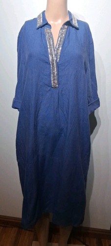 Chico's Women's Blue Linen Dress Beaded Detail Size 2 US 12