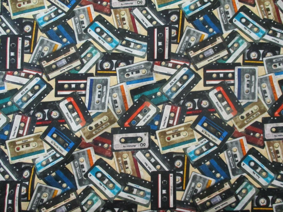CASSETTE CD CDS TAPES COMPACT CASSETTES MUSIC TAN DIGITAL COTTON FABRIC FQ - Image 2 of 4