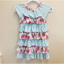 Little Girls Blue Pink Floral Ruffle Tiered Cotton Tee Shirt Dress No Tags