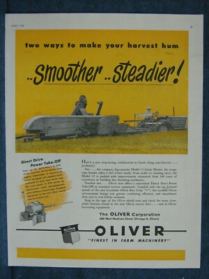 1949 Oliver Model 15 Grain Master Ad  ~  Shown Harvesting In Field
