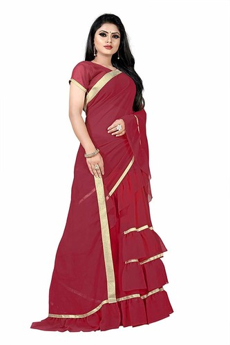 Women's Ruffle Saree Georgette Frill Design Stylish Ruffle Sari Blouse Partywear - Picture 16 of 94