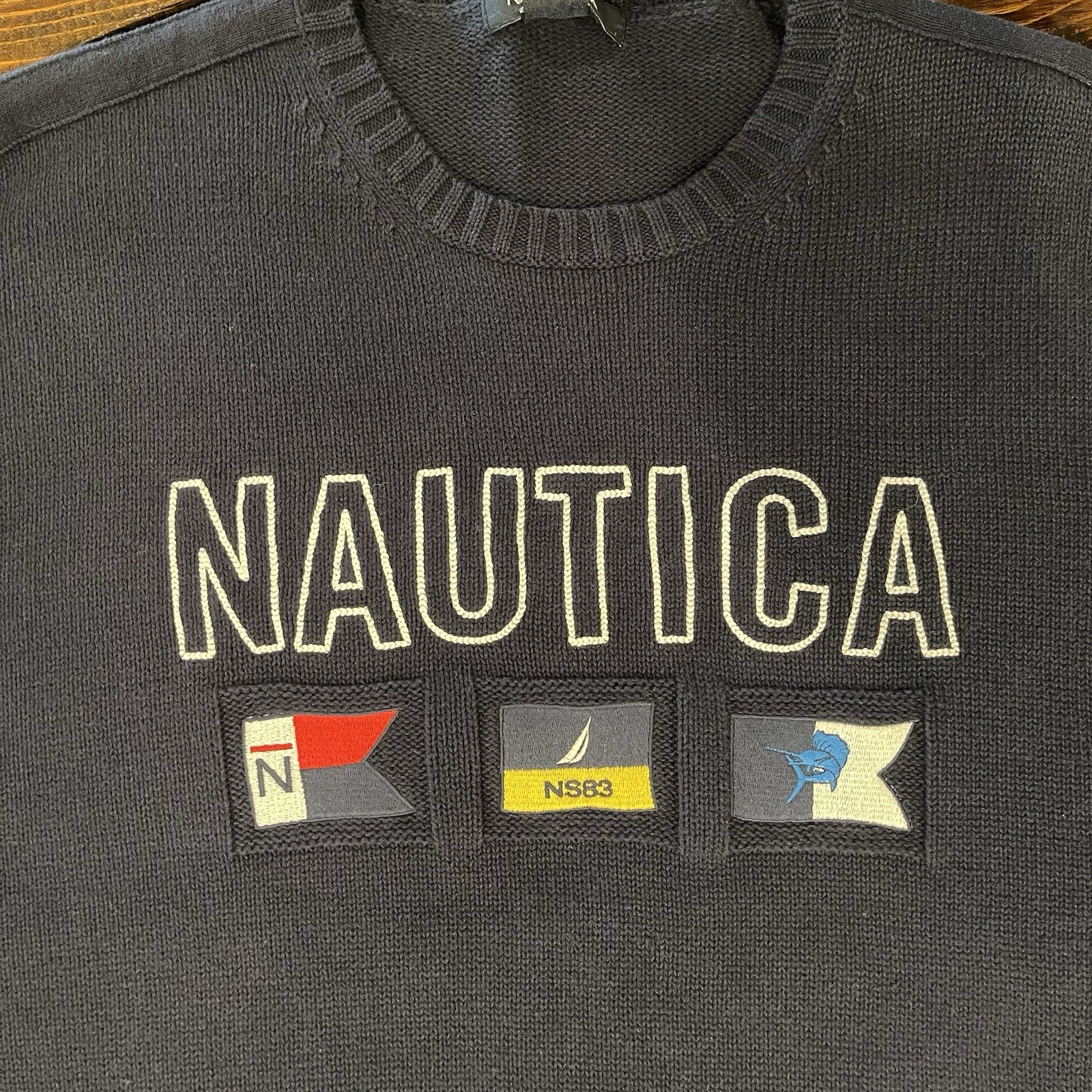 Suéter tejido bandera bordado grande Nautica para hombre azul marino vela pesca