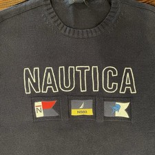 Nautica Men's Large Embroidered Flag Knit Sweater Navy Blue Sailing Fishing