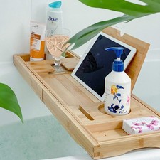 Bamboo Bathtub Tray Caddy - Expandable, Foldable Bath Table for Relaxation