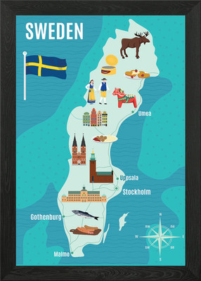 Sweden Map with Landmarks and Icons Framed Wall Art Poster Canvas Print Picture