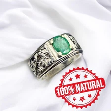 Men Silver Green Emerald Gemstone Engraved Handmade Vintage Ring