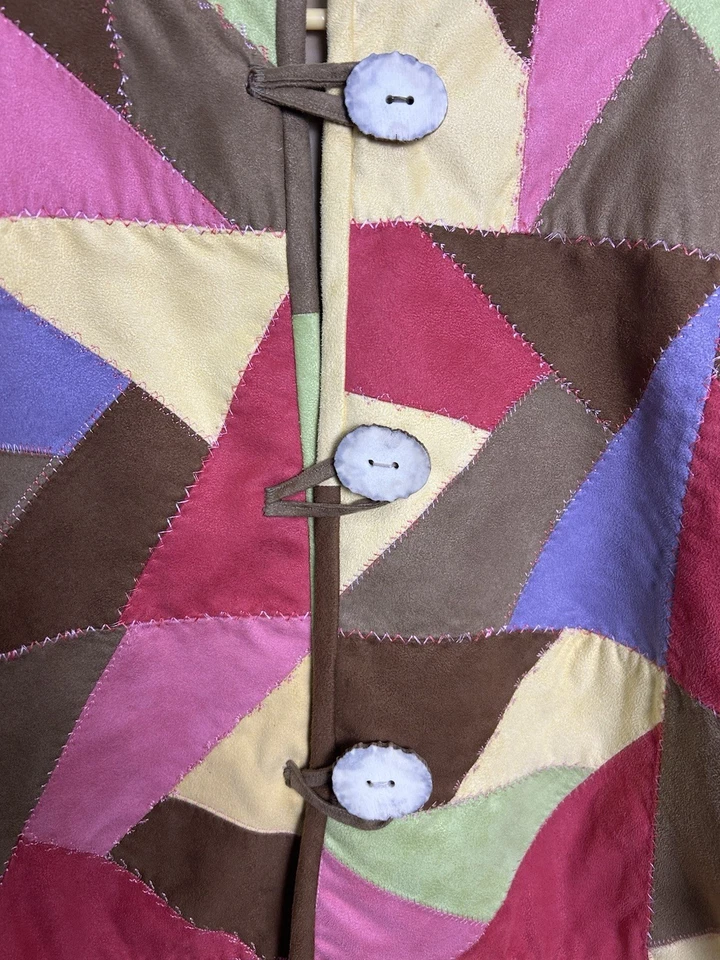 Abrigo chaqueta de gamuza vintage de retazos hechos a mano para mujer XL. Bloque de color boho artístico Foto 4 de 4