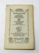 Chocolate Cocoa Recipe Cook Book Antique 1918 Walter Baker & Co. Home Made Candy